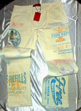 NWT FREE reFILLS FR Carpenter Pants Cream Graphic Print Mens Size 32